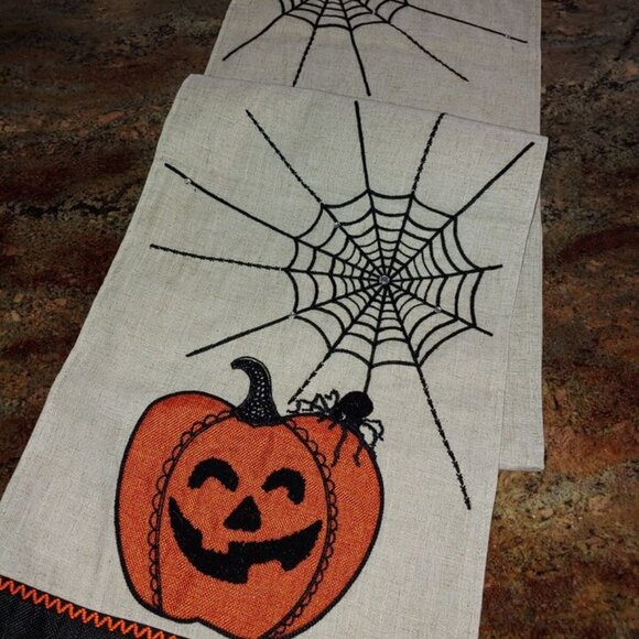 Hallow's Eve Linen Blend Halloween Spider Pumpkin Jewelled Table Runner 72x14" - Picture 2 of 11